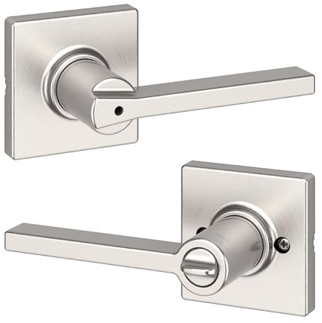 Kwikset Casey - Tirador de puerta interior con cerradura, palanca de puerta para baño y dormitorio, cerradura giratoria reversible sin llave, níquel satinado, con protección Microban