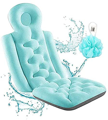 Ganzkörper Badewannenmatte mit Kissen Erwachsene, Rutschfeste Badekissen mit Badeschwamm, Kopfstütze Nackenkissen Rücksenkissen Badewanne, Schnell Trocknendes Badekissen für Home Spa Badewannen (Blau)