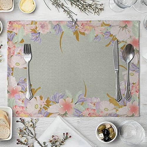 Beydodo Platzdeckchen Baumwolle 4er Set, Tischmatten Abwaschbar 42x32 Rosa Lila Blumen Muster Tischsets für Glastisch Esstisch