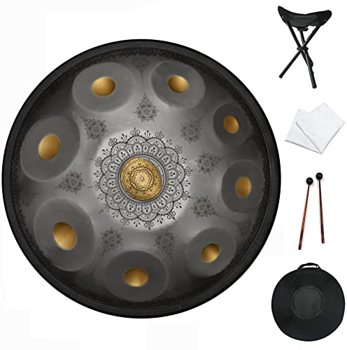 Gevo Apan 2021 New Handpan Drum Instrument in d-Moll 9 Noten 22 Zoll Stahl Königlicher Garten Mandala Hand Drum Handtrommel Handgemachtes Heilendes Musikinstrument-Silver-9 Ton-432hz