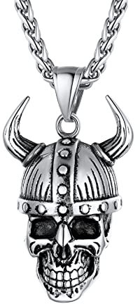 U7 Herren Wikinger Odin Schädel Halskette Edelstahl Totenkopf Anhänger mit 55+5cm Weizenkette Nordische Viking Amulett Hip Hop Rock Kette Cool Geschenk Modeschmuck Accessoire für Männer