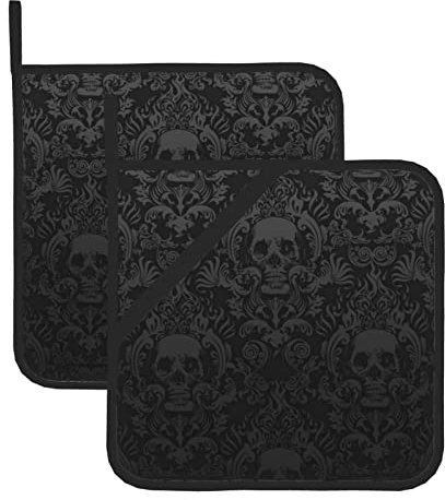 Gothic Tapete Totenkopf Topflappen Set mit 2 hitzebeständigen und umweltfreundlichen Küchen, zweiteiliges Topflappen-Set