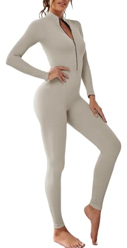OEAK Damen Sport Jumpsuit Lang Eng Yoga Overall Langarm V-Ausschnitt Playsuits mit Reißverschluss Jogging Strampler Hosenanzug Trainingsanzug,Sliber,S