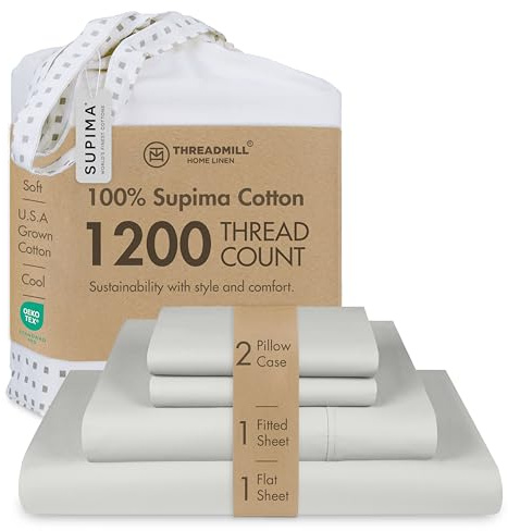 Threadmill Luxuriöse Supima-Baumwolle, luxuriöse Fadenzahl 1200, weiche 100% Baumwolle, für Queen-Size-Bett, 4-teiliges hellgraues Bettwäscheset, Queen-Set, 5-Sterne-Hotelqualität, Tiefe Taschen