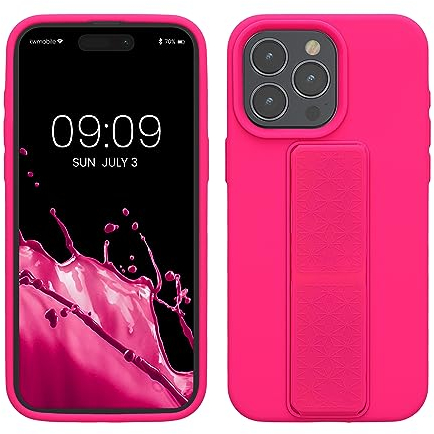 kwmobile Case Compatible with iPhone 15 Pro Max - Case with Hand Strap and Stand Soft TPU Silicone Coating - Neon Pink