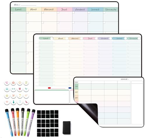 MCCORL Planning Semaine,Calendrier magnetique Frigo,emploi du temps,Planificateur Hebdomadaire,Tableau Organisateur Familial, Planning Mensuel,Planificateur des Menus/Repas effaçable-en Français