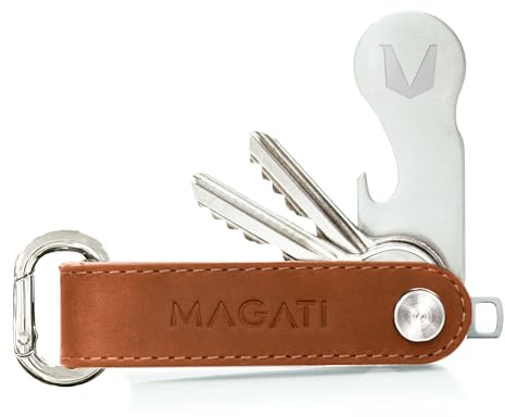 Key Organizer - Schlüsseletui aus Echt-Leder, Edelstahl mit Schlüsselfundservice, Einkaufswagenlöser, Flaschenöffner, Profiltiefenmesser Cognac