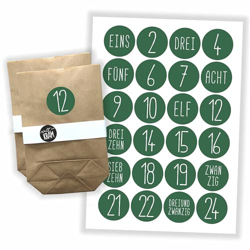 Watt n KRAM Adventskalender Aufkleber Papiertüten Set - 24 Etiketten dunkel-grün/nur Sticker