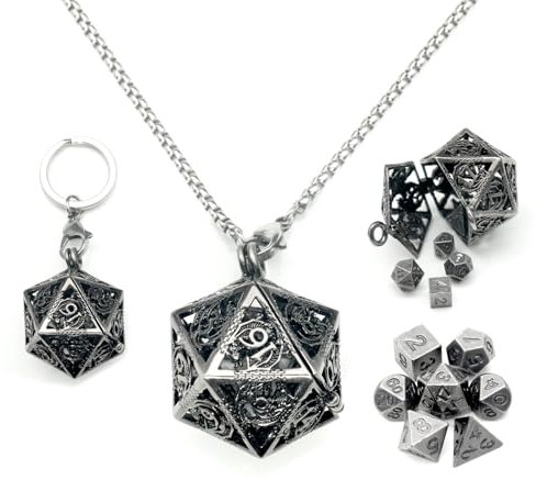 Haxtec Mini Metal DND Dice Set with Antique Iron Hollow D20 Necklace Dice Case Antique Tiny Metal Dice Set D&D Keychain Portable 7PCS Dice Set
