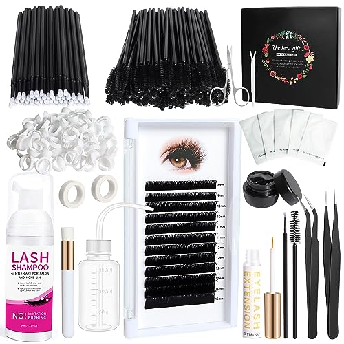 DIY Wimpern Extensions Set 15pcs, Falsche Wimpern 8-15mm 0.1C Curl, 60ml/2.11fl.oz WimpernShampoo Lash Foam Cleanser, Professionell Make-up Salon Praxis Ausbildung Wimpernverlängerung Starter Kits