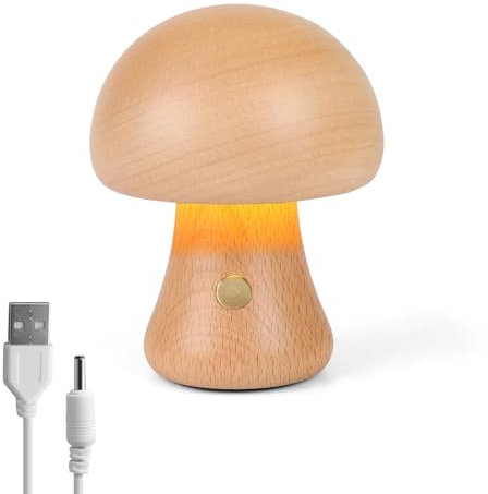 Pilzlampe aus Holz, Tragbare Dimmbare Nachttischlampe mit USB-Aufladung, Kabelloses Nachtlicht, Pilz-Tischlampe für Heimdekoration, Schlafzimmer, wiederaufladbare LED-Nachttischlampe (Buche-C)
