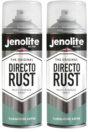 JENOLITE Directorust Spray Paint Satin Finish | TURQUOISE BLUE | 2 x 400ml | Direct To Rust Spray Paint For Metal | All-In-One Multi Surface Paint for Metal, Wood, Plastic, Ceramic | RAL 6034