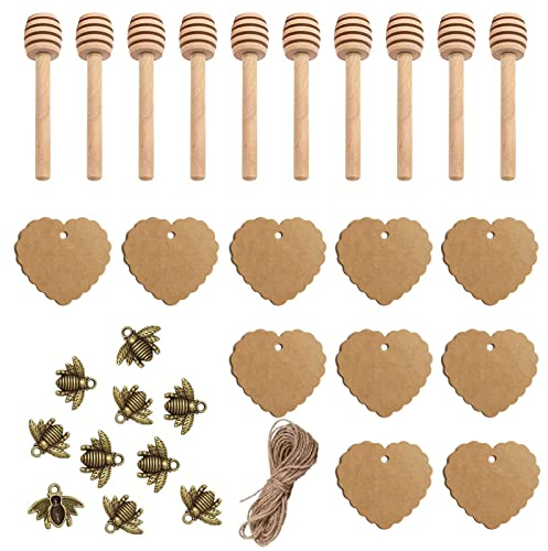 Wooden Honey Sticks, 15 cm Honey Spoon Wood, 10 Pieces Bronze Bee + 10 Pieces Wooden Honey Spoons + 10 Pieces Kraft Paper Labels + 2 m Craft Cord for Honey Jam and Honey Pot Gifts