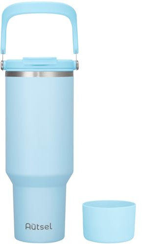 Autsel 40oz Trinkbecher mit Deckel und Strohhalm,1200ml Thermobecher mit Henkel- Trinkflasche Sport - Wasserflasche BPA Frei - Doppelwandiger Edelstahl Vakuum Isolierbeche Kaffeebecher
