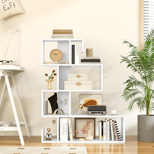 GIANTEX Étagère en Escalier à 5 Niveaux, Bibliothèque en Forme de S avec 6 Compartiments,Étagère Autoportante, Séparateur de Pièce pour Salon, Chambre, Bureau (Blanc)