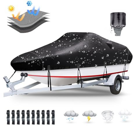 Plscoverit Housse de bateau remorquable en toile polyester 900D résistante aux UV et imperméable avec housse de moteur, convient aux bateaux à coque en V et triple coque, Runabout, bateau de pêche et