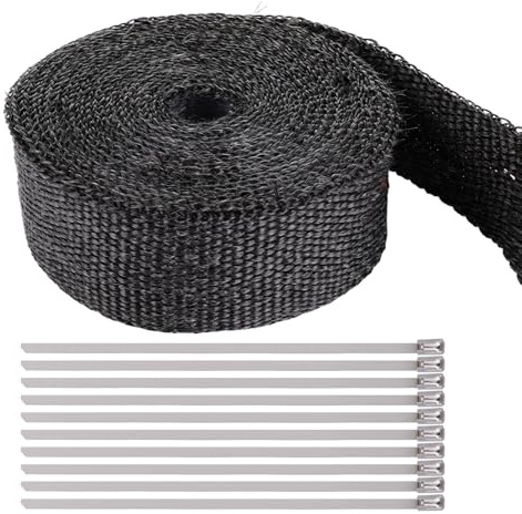 ASelected 10M Car Exhaust Wrap, Thermal Insulation Tape, Titanium Car Heat Wrap Roll Kit with 10 Stainless Steel Ties, for Motorcycle Car Exhaust Pipes (Black)