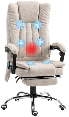 Vinsetto Office Chair with Massage and Heat, Microfibre Reclining Computer Desk Chair with Footrest and Adjustable Height, Swivel Wheels for Home Office, Cream White