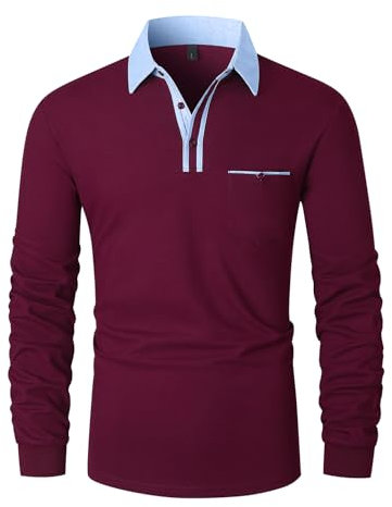KUNJLELP Men's Long Sleeve Polo Shirt Casual Premium T-Shirt 100% Cotton Golf Casual Collared Tops with Real Pocket,Red 43,L