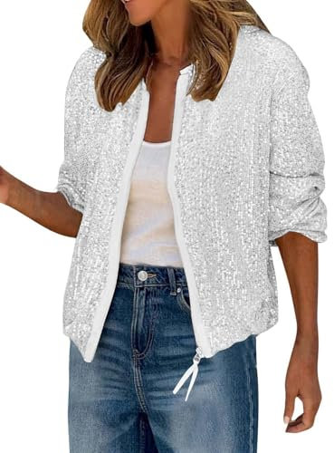 shownicer Jacke Damen Pailletten Langarm Mantel Elegant Glitzer Bomberjacke Bikerjacke Übergangsjacke Herbst Frühling Leicht Jacke A Weiß XL