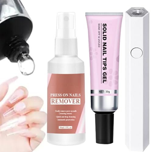 Whrcy Colla per Unghie Finte Gel, Solida, Lunga Durata 30+ Giorni, Pacchetto Professionale per Salone, Con Luce UV, Clear