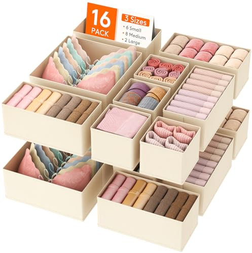 Lifewit 16 Pack Drawer Organiser, Collapisble Fabric Chest of Draw Dividers for Closet, Dresser, Nursery, Bedroom, Foldable Cube Boxes for Clothes, Pants, Underwear, Sock, Bras Organization, Khaki