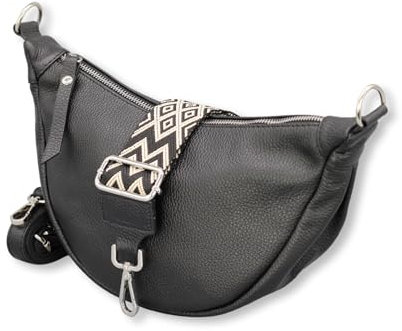 ADEL Halbmond Tasche Damen Echtleder Banana Bag DIANA Handgemachte Umhängetasche Crossbody Bag mit Ledergurt + Breitem Gemustertem Riemen 4 Fächer Schultertasche Made in Italy (Schwarz)