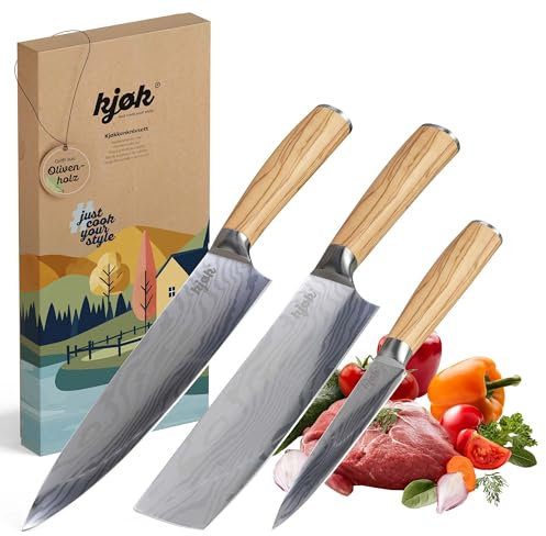 kjøk Premium Messerset Härte 58±2 HRC Asia Küchenmesser Set 3-tlg hochwertig mit Damastmesser-Muster und Olivenholzgriff professionelles Messer-Set profi Kochmesser Japan Design Messer Set