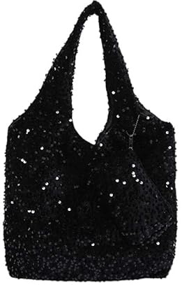GETBSTOOP Schwarze Pailletten-Tasche for Damen und Mädchen, glitzernd, glitzernde Schultertasche, großes Fassungsvermögen, glänzende Einkaufstasche, Reise-Tagesgeldbörse