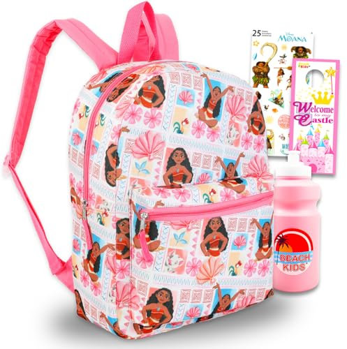 Disney Moana Backpack for Kids - Bundle with 16” Canvas Moana Backpack with Water Bottle, Stickers, More | Moana Backpack Set for Girls, Toddlers, Multicolor, Moana School Bag, Moana Backpack, Moana