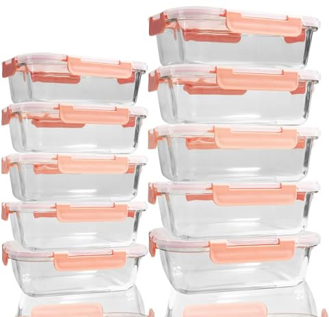 TempFoo Glass Storage Containers With Lids - 10 Pack Airtight Meal Prep Set, Stackable, for Microwave, Oven, Freezer and Dishwasher - Pink