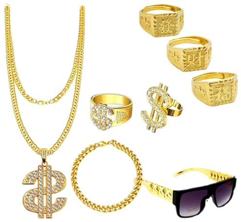 Achbeah 8 Stück Zuhälter Kostüm, 80er 90er Jahre Retro-Stil Accessoire, Hip Hop Rapper Kostüm, Goldkette, Dollar-Halskette, Sonnenbrille, Hanzi-Ringe, Ideal für Karneval Fasching, Hip Hop Mottoparty