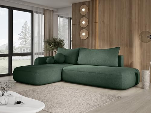 DomoHome Ecksofa BABU Mit Bettfunktion – Moderne Polsterecke Für Wohnzimmer Funktionales Schlafsofa Im Stoff Now OR Never Größe: 300x105x60cm, Linke Seite Farbe: Dunkelgrün
