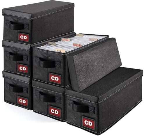 PUTNATRUE CD Storage Boxes,6P Collapsible CD Orgaziner with Lids,Media DVD Storage Case Holds 34 CDs, Size 14.2 x 5.9 x 6.3 Each Box,also Perfect Fabric Holder for Blue-ray,Books,Socks,Underwear
