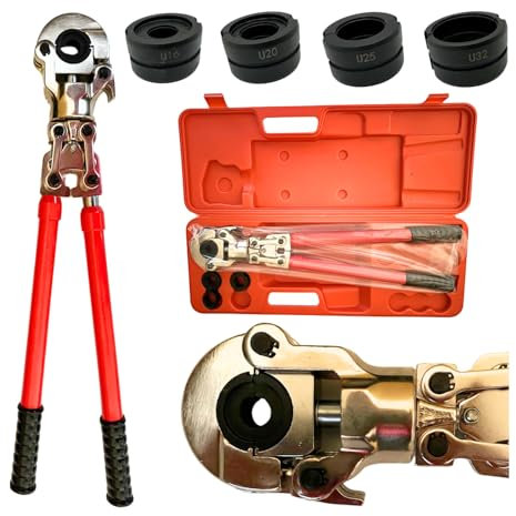 Rimex Presszange U-Kontur, Hydraulische Rohrpresszange 60 kN, Presswerkzeug für PEX-AL-PEX & PERT-AL-PERT, Backeneinsätze U16, U20, U25, U32, teleskopische Griffe, 360° drehbar, inkl. Koff