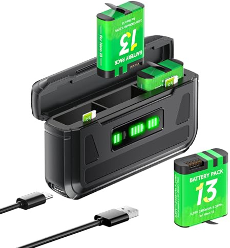 Palogreen 2 Hero 13 batterie da 2400mAh e caricabatterie per Go-Pro Hero 13 Black -3 slot caricatore individuale con display LED, slot per schede TF