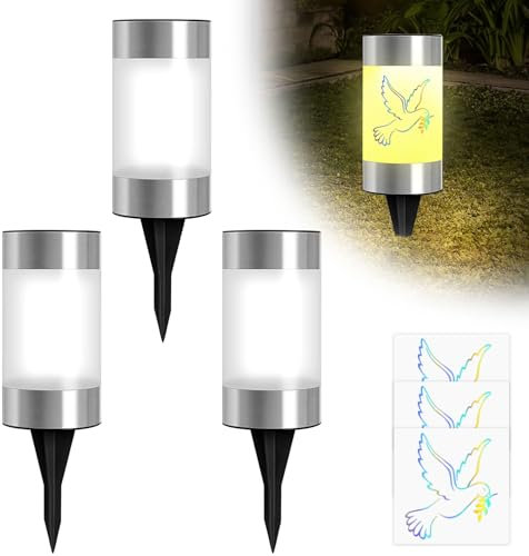 Sunshine smile LED Solar Grablicht,Taube Grableuchte,LED Grablicht Friedhofskerzen Wasserdichtes,Taube Grabkerze mit Stabilisierungsbügel,Taube Grablichter mit Aufkleber,Gartenleuchte für Außen