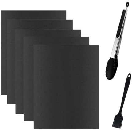 Pack of 5 Heavy Duty Oven Liner,13X15 in Oven Liners,BBQ Grill Mat,BBQ Floor mats, Fireproof Grill Pads and BBQ Tongs and Silicone Brush, Barbecue Utensils Kit for Charcoal, Gas or Electric Grill