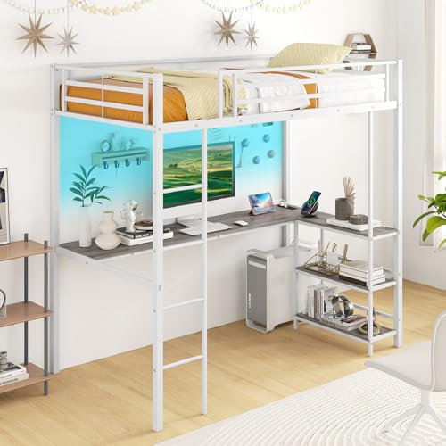 COSTWAY Metal Bunk Bed with Desk, RGB LED Lights, Charging Station and Storage, Ladder Loft Bed Frame with Safety Guardrail, Space-Saving Bedroom Single High Sleeper Beds for Kids Teens Adults (White)