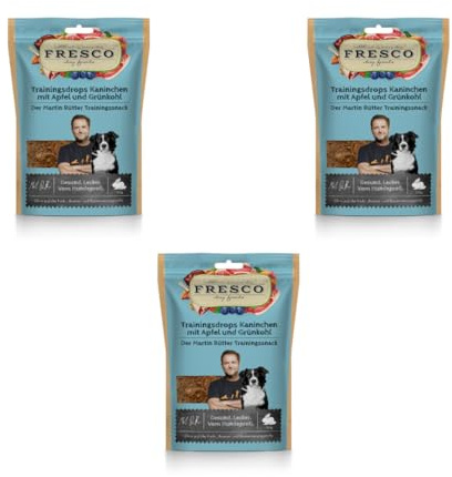 Fresco Trainingsdrops Kaninchen, Apfel & Grünkohl | 3er Pack | 3 x 150 g | Ergänzungsfuttermittel für Hunde | Natürlicher Snack aus Kaninchenfleisch | Wiederverschließbar