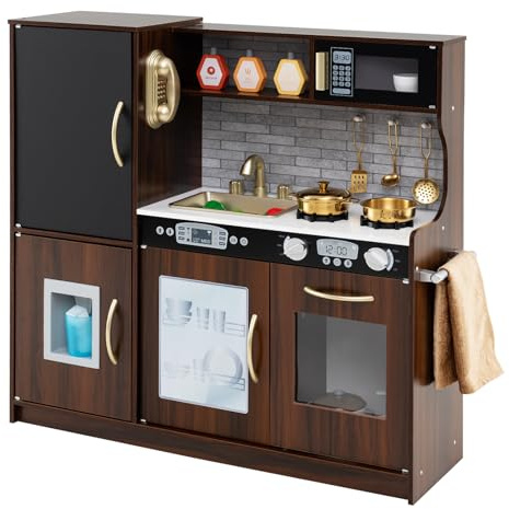 GOPLUS Kinderküche aus Holz, Kinderspielküche mit Mikrowellen, Backofen, Wasserbecken, Kreidetafel & Eismaschine, Stabiler Spielküche mit Spielzubehör, für Kinder 3-6 Jahre (Braun)