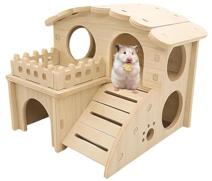 1 Stück Hamsterhaus aus Holz, Mehrkammernhaus Hamster Meerschweinchen Haus mit Rampe Hamster Haus Meerschweinchen Zubehoer für Kleine Haustiere Zwerghamster Rennmäuse