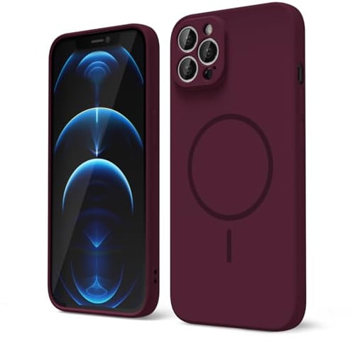 oakxco for iPhone 12 Pro Max Case Silicone Mag Safe, Magnetic Slim Thin Phone Case Compatible with Magsafe, Women Girls Cute Girly Aesthetic Soft Rubber Gel Safecase with Camera Cover, Burgundy
