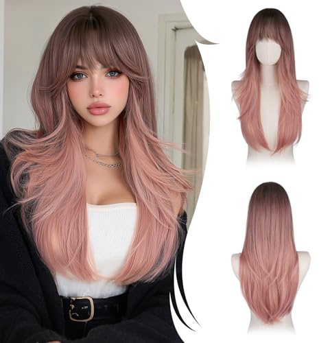 RUWISS Ombre Rosa Bordeaux Parrucca Lunga Layered Con Frange per Donna, 65cm Parrucche Naturale e Liscia Dritto Fibra Sintética Resistente per Uso/Cosplay/Halloween/Party