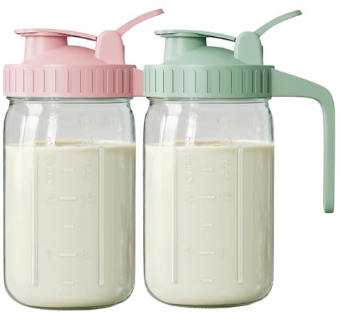 Muttermilchkrug, 2 Stück Muttermilch-Aufbewahrungsflaschen, 32 Unzen, auslaufsicherer Muttermilchkrug mit Griff und Skala, spülmaschinenfeste Glas-Muttermilch-Aufbewahrungsflaschen, Flasche