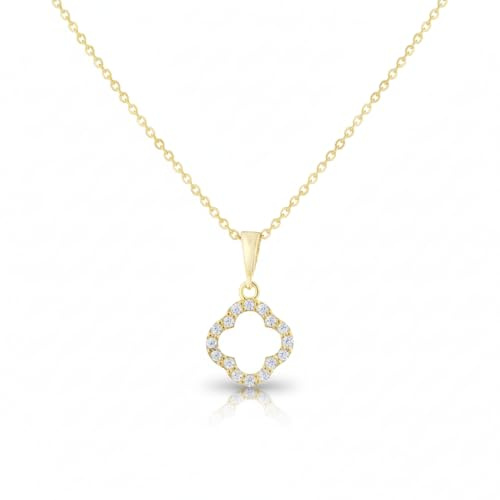 Suzan Gold® 375 Echtgold Halskette mit offenem Kleeblatt Anhänger und Zirkonia elegant hypoallergen wasserfest – Lioréa Quatre