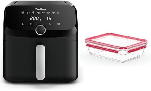Moulinex Easy Fry Mega, air fryer compact 7.5 L, Jusqu’à 8 personnes, 8 programmes, noir EZ8558F0 + Emsa Clip&Close Boîte alimentaire en verre, 2 L, N1041100