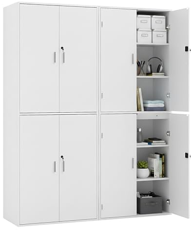 2er Set Aktenschrank Abschließbar Aufbewahrungsschränke Holz mit 4 Türen 6 Einlegeböden, Aktenschränk Multifunktionsschrank Büroschrank Hochschrank für Heimbüro Wohnzimmer Bad Garage/Weiß/78x40x200CM