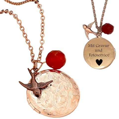MadamLili - Foto Medaillon Anhänger Set mit Fotoservice und Gravur - Rosegold Vergoldet - Personalisierte Kette - 70cm - Edelstein Achat Schwalbe - Handgefertigt - Exklusive Schmuckbox