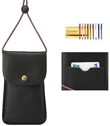 Techcircle Pochette tour de cou pour téléphone portable en cuir synthétique avec porte-cartes de crédit, sangle réglable, petit sac à main de voyage pour iPhone 11 XR XS Max SE 8 7 6 Plus, Galaxy S10
